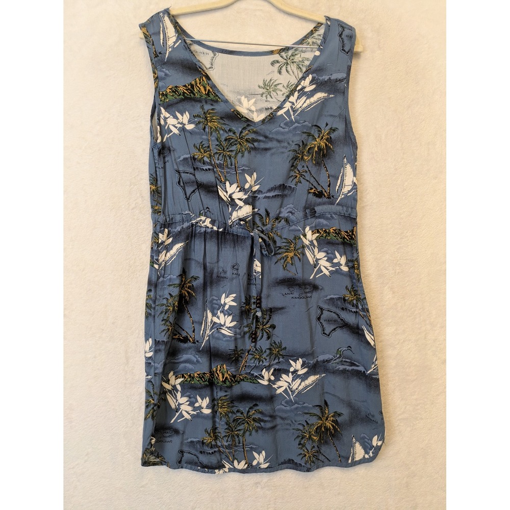 Womens Hawaiian Tropical Print‎ Dress Blue Sleeveless V Neck Size L